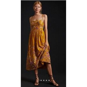Anthropologie Embroidered Midi Dress, Yellow, Size 10